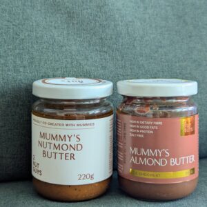 Mummy's Nutmond Butter jar on the left and Mummy's Almond Butter - Le Chocolat jar on the right